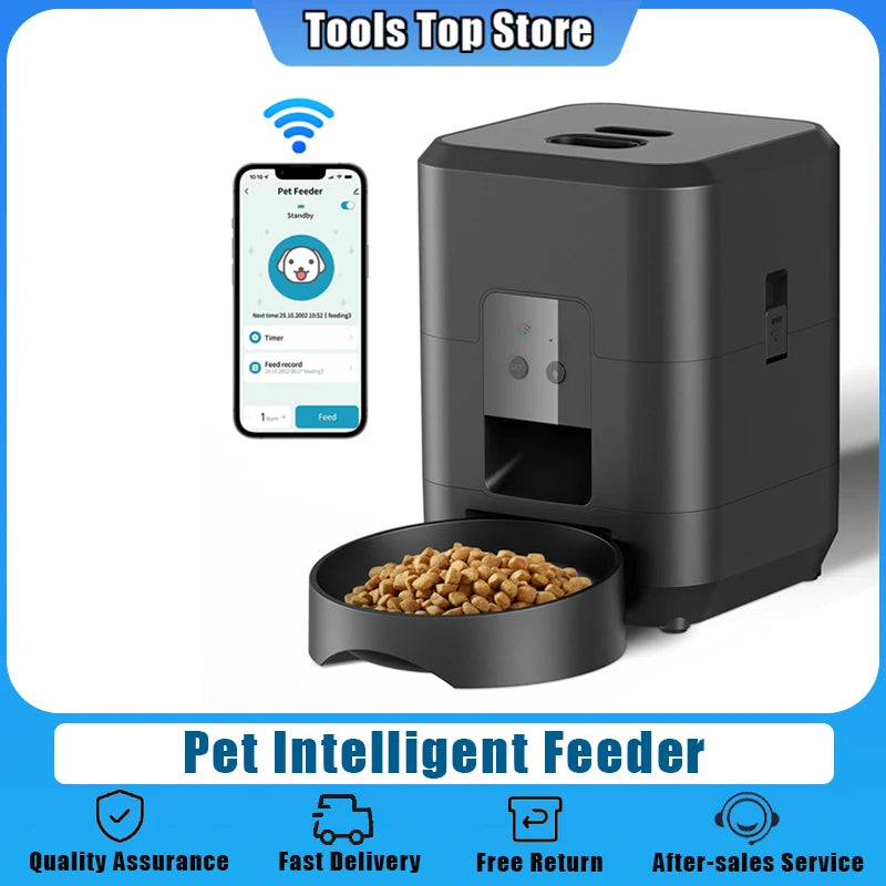 Distributeur automatique de croquettes intelligent pour chats et chiens, avec dosage et quantité automatiques, compatible Wi-Fi.