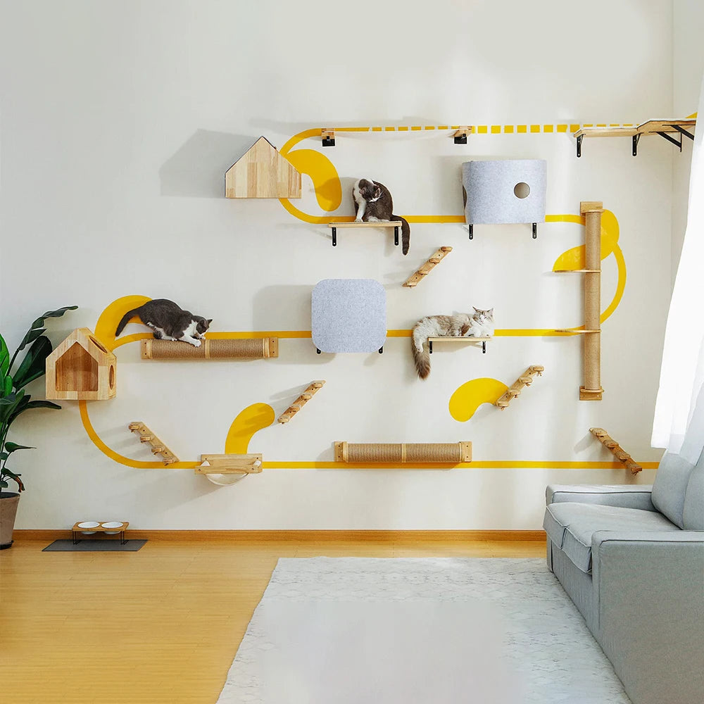 Arbre à chat mural en bois, support mural pour chatons et grands chats, poteaux plus épais pour une utilisation multifonctionnelle
