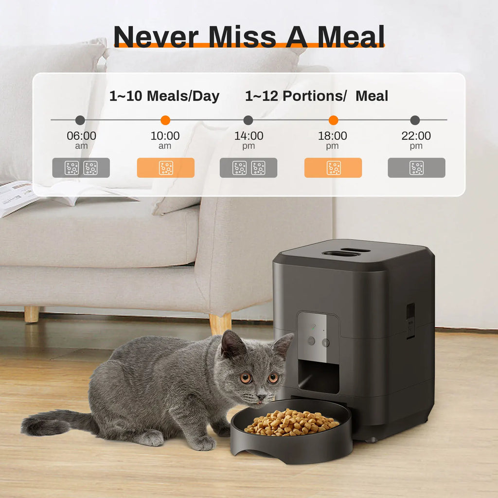 Distributeur automatique de croquettes intelligent pour chats et chiens, avec dosage et quantité automatiques, compatible Wi-Fi.