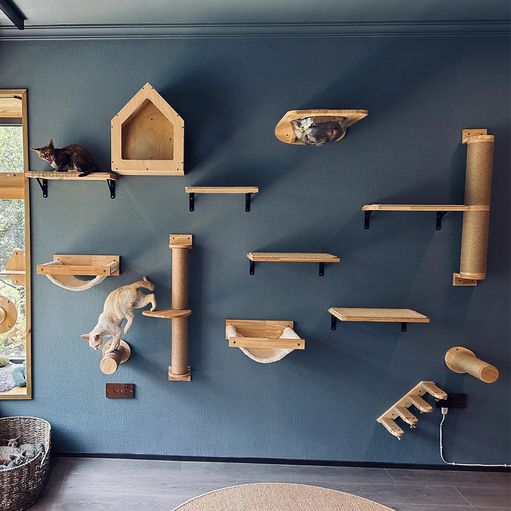 Arbre à chat mural en bois, support mural pour chatons et grands chats, poteaux plus épais pour une utilisation multifonctionnelle