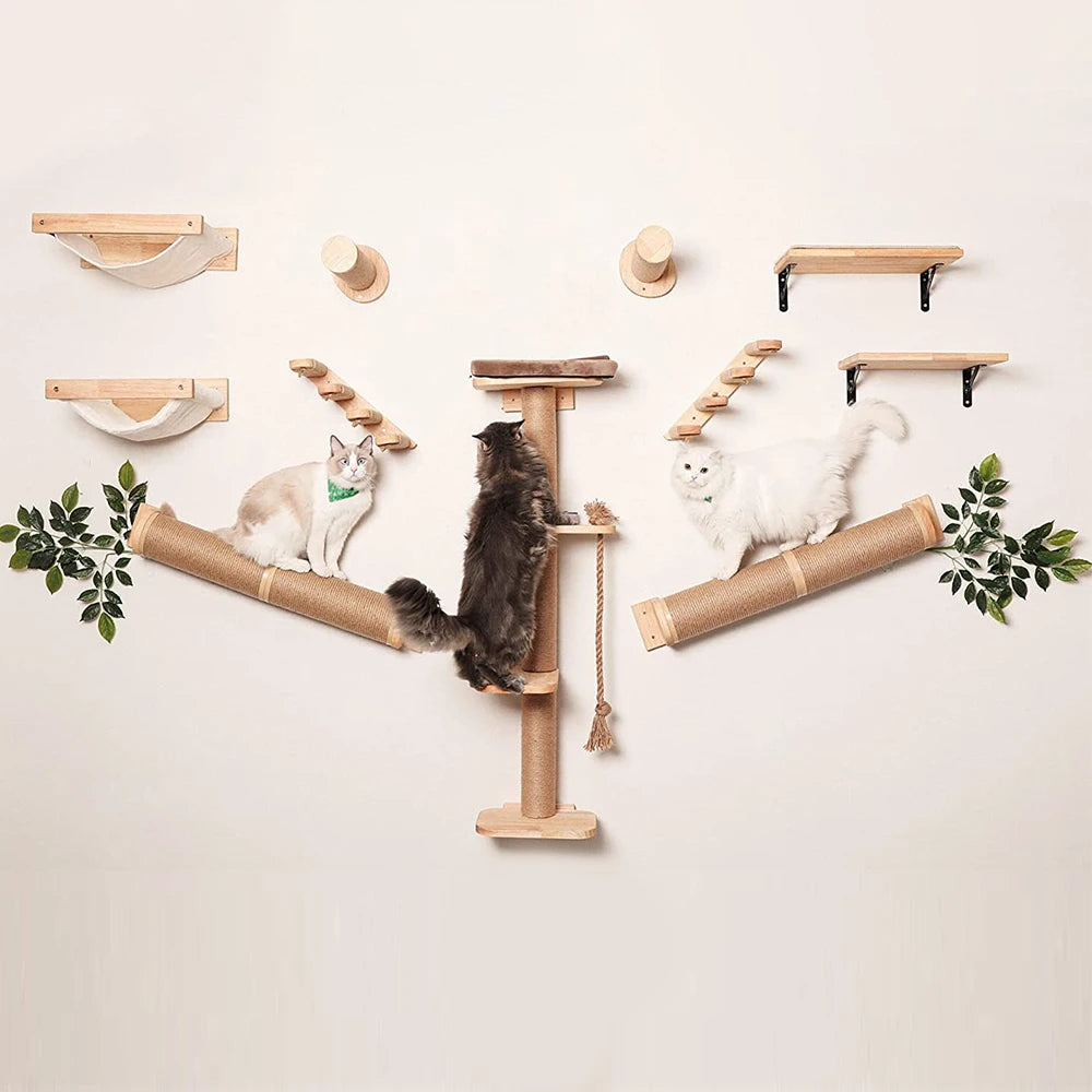Arbre à chat mural en bois, support mural pour chatons et grands chats, poteaux plus épais pour une utilisation multifonctionnelle