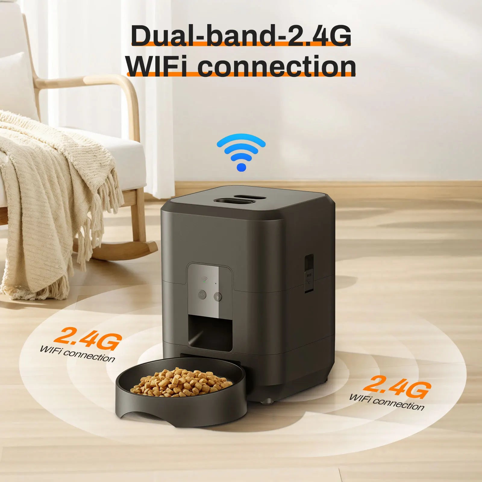 Distributeur automatique de croquettes intelligent pour chats et chiens, avec dosage et quantité automatiques, compatible Wi-Fi.